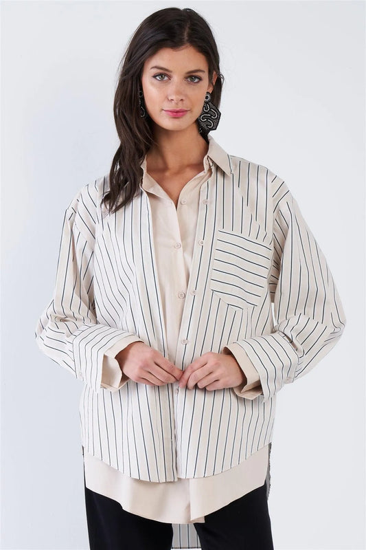 Ecru Pink & Blue Stripe Layered Double Button Down Top - Tasha Apparel Wholesale