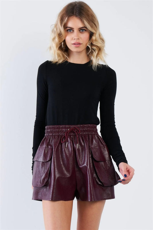 Wine Red Crinkled Faux Leather Cargo Shorts /3-2-1 - Tasha Apparel Wholesale