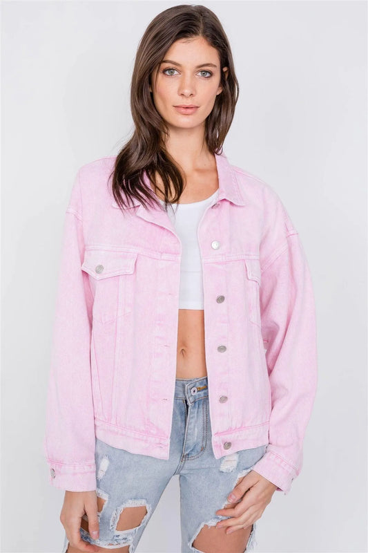 Pink Denim Relaxed Fit Vintage Washed Jean Jacket /3-2-1 - Tasha Apparel Wholesale