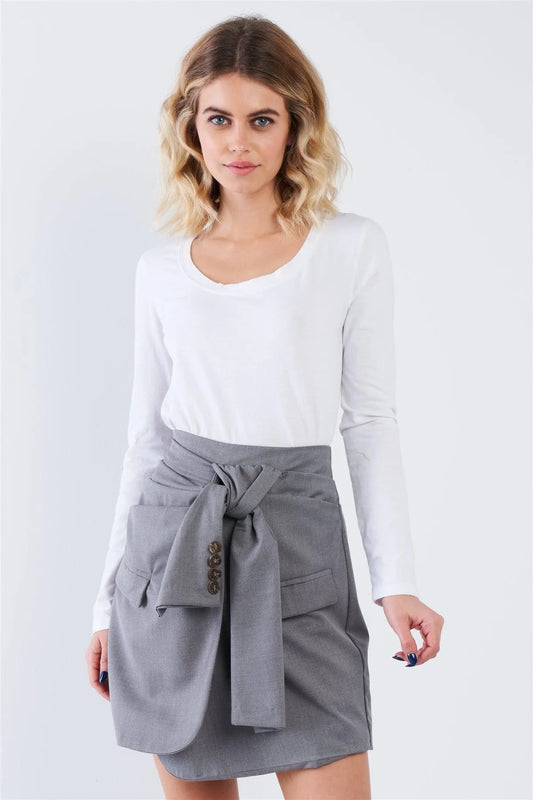 Grey Front Warp Tie High Waist Mini Skirt - Tasha Apparel Wholesale
