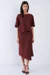 Maroon Brown Center Cut Out V-Neck Midi Wrap Dress /3-2-1