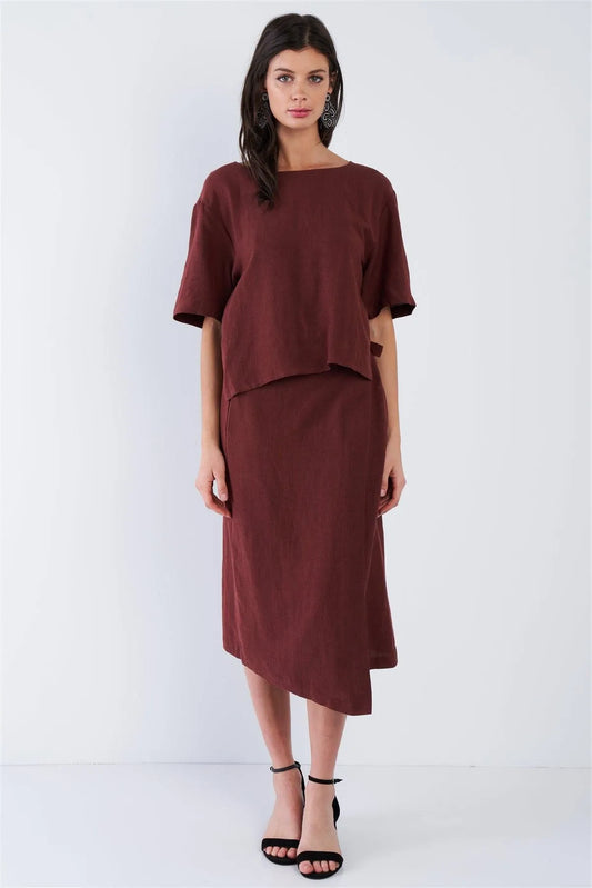 Maroon Brown Center Cut Out V-Neck Midi Wrap Dress /3-2-1 - Tasha Apparel Wholesale