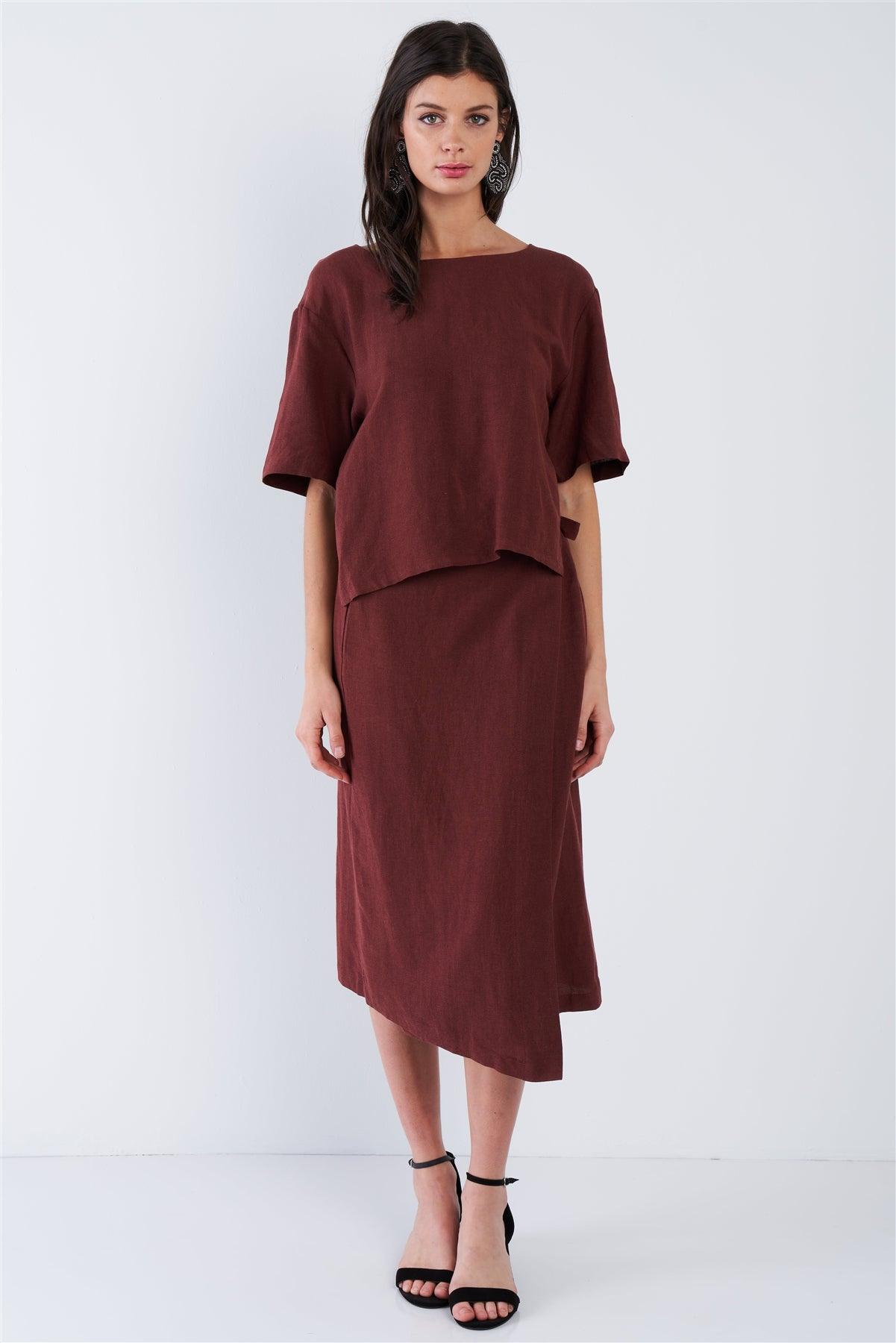 Maroon Brown Center Cut Out V-Neck Midi Wrap Dress