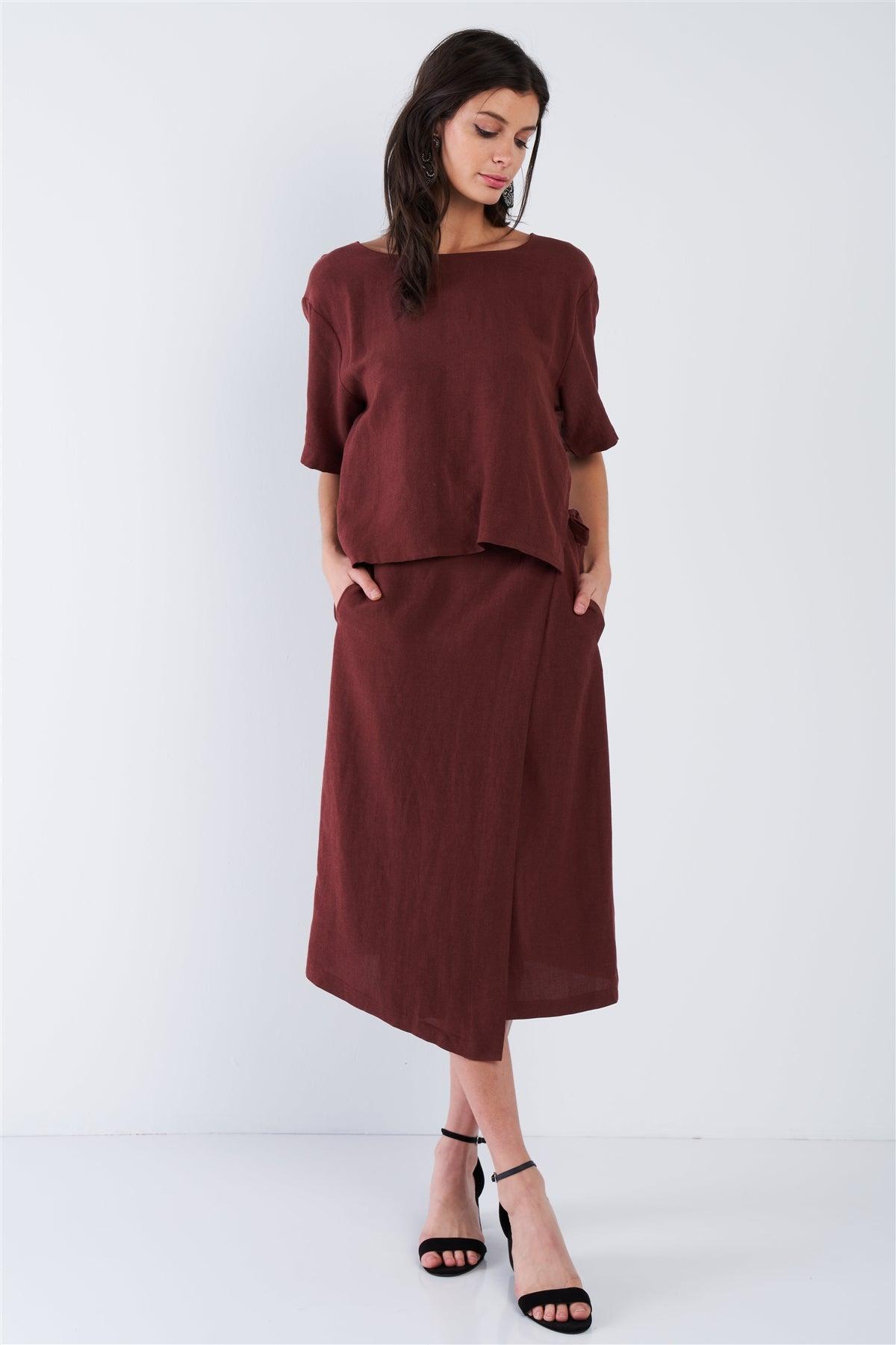 Maroon Brown Center Cut Out V-Neck Midi Wrap Dress