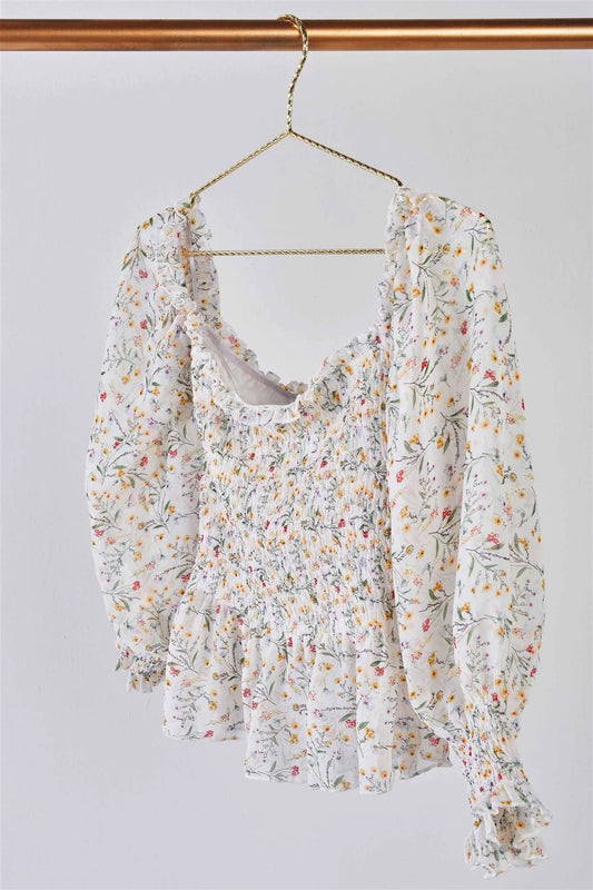 Off-White Sheer Floral Off-The-Shoulder Peplum Top /1-1-1 - Tasha Apparel Wholesale