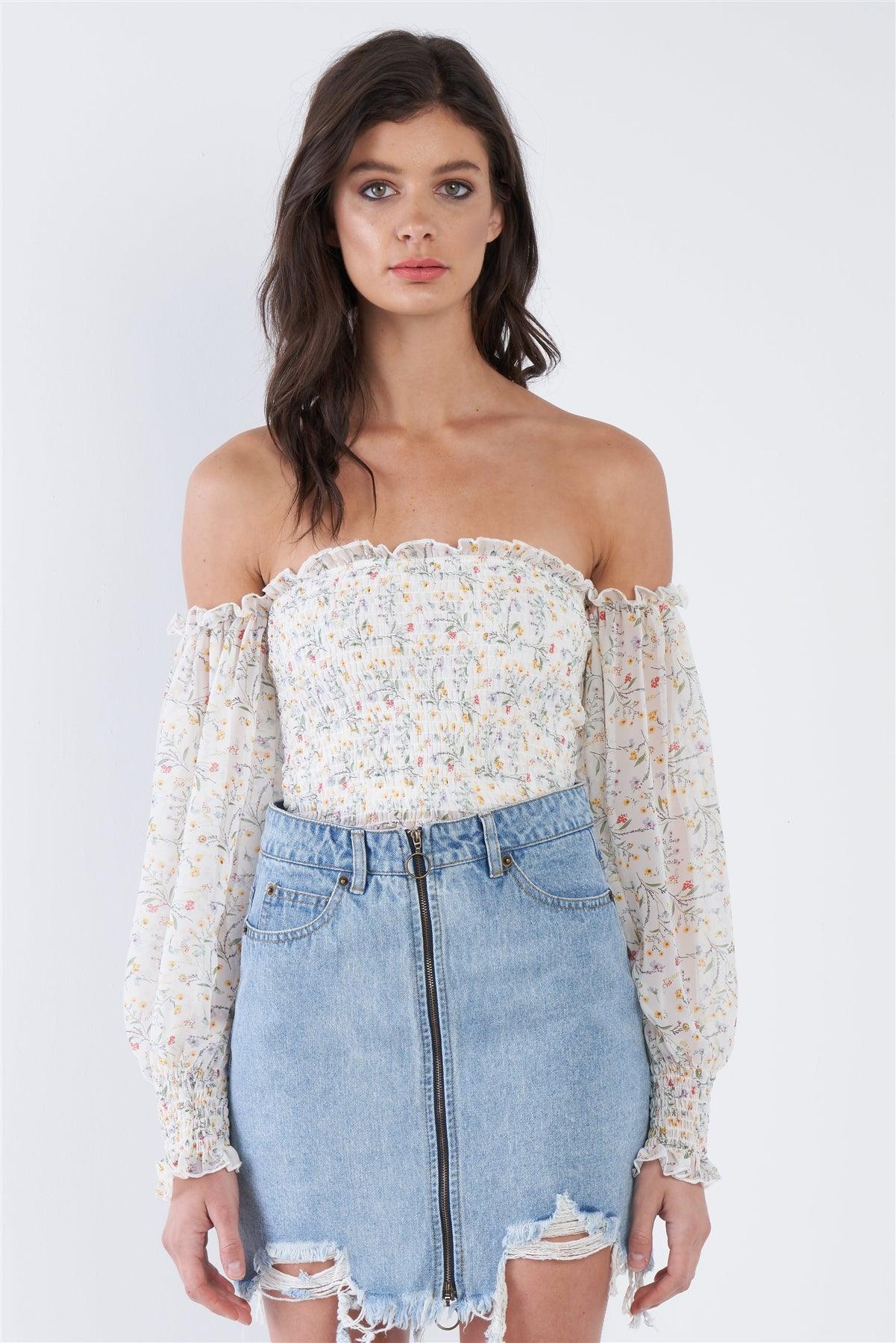 Off-White Sheer Floral Off-The-Shoulder Peplum Top /1-1-1