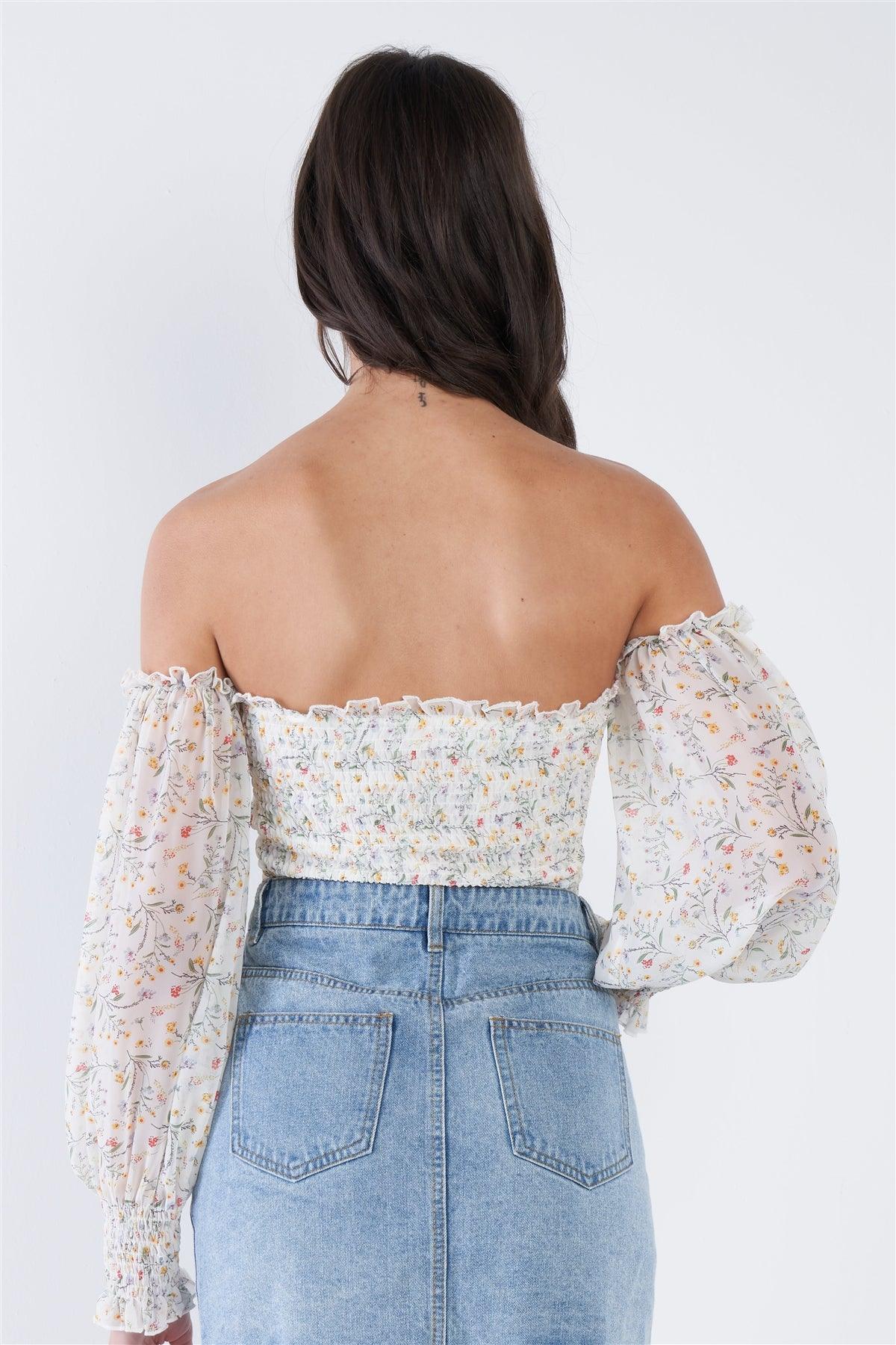 Off-White Sheer Floral Off-The-Shoulder Peplum Top /1-1-1