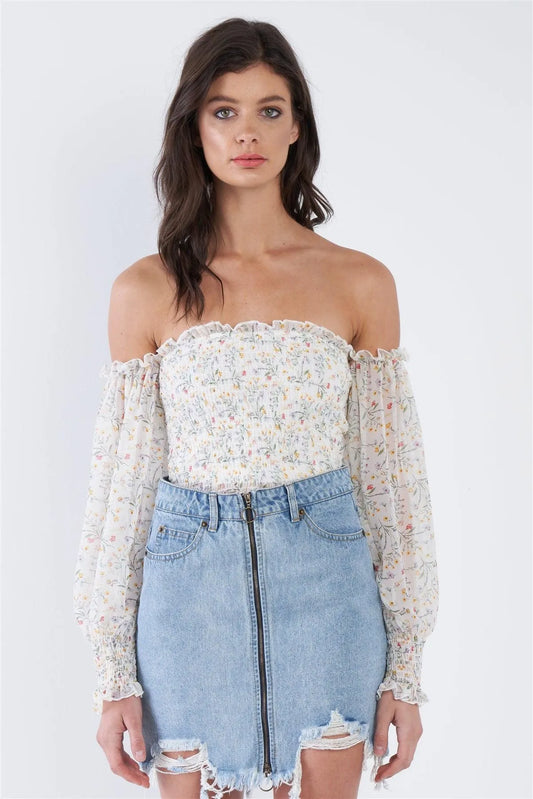 Off-White Sheer Floral Off-The-Shoulder Peplum Top /3-2-1 - Tasha Apparel Wholesale