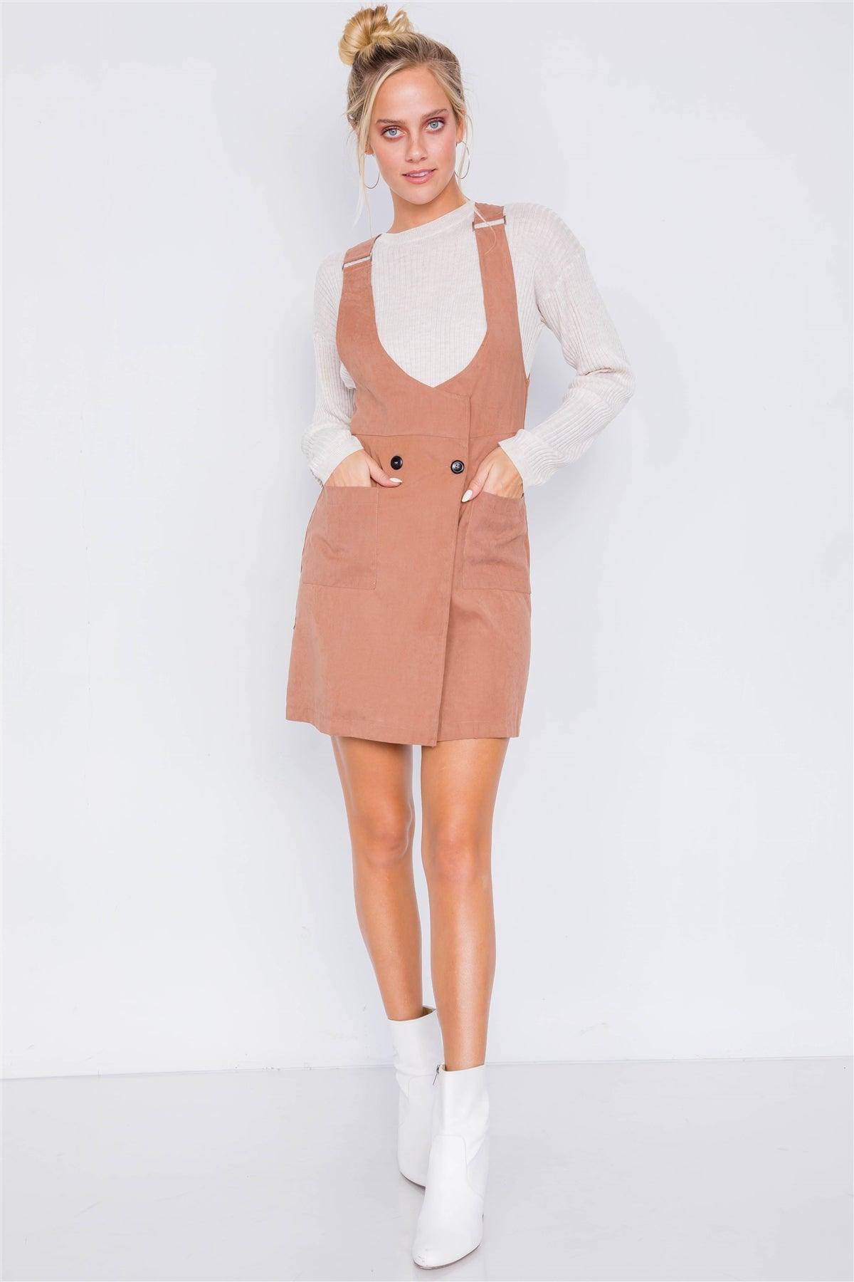 Mocha Vintage Suede Front Button Office Chic Mini Dress /3-2-1