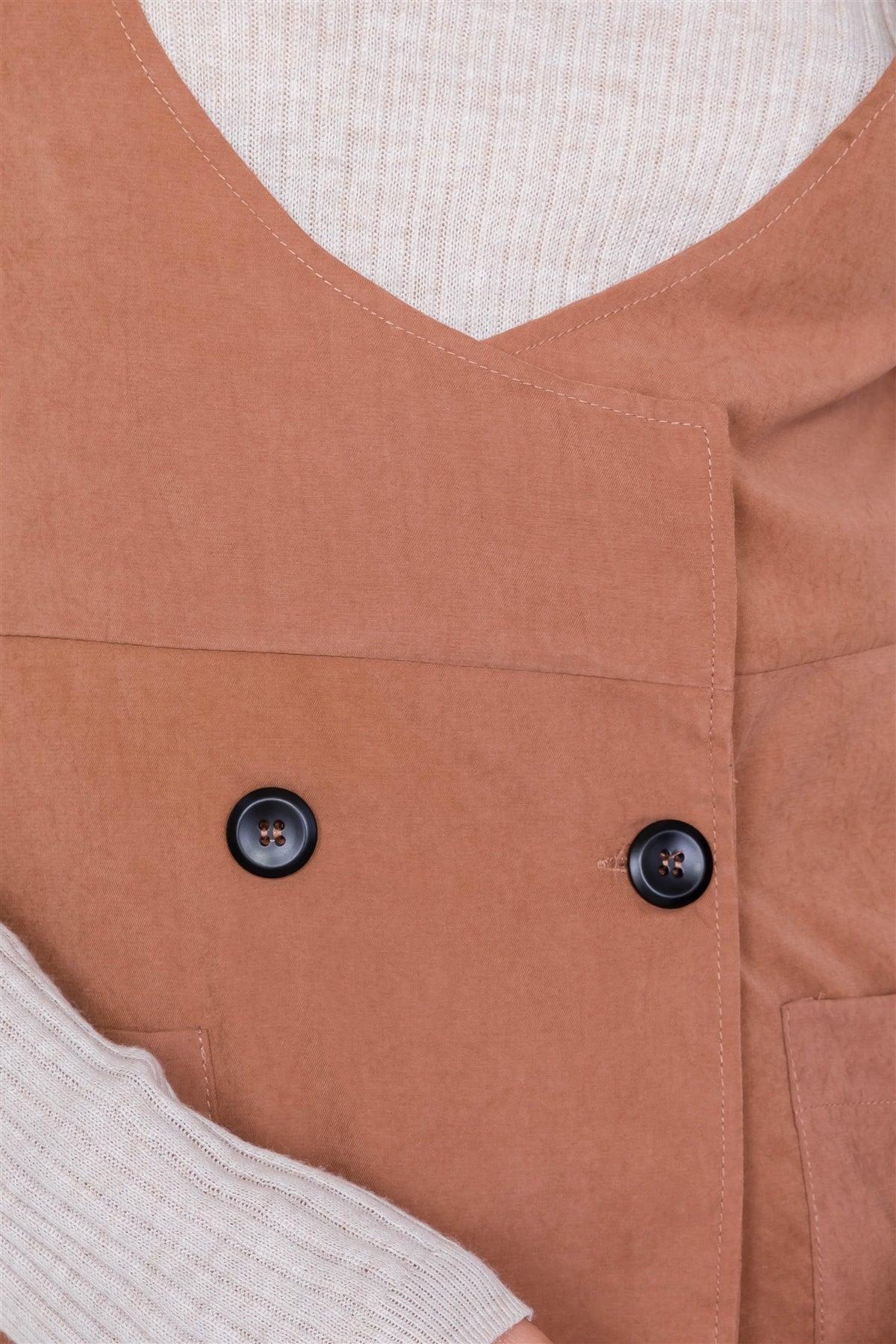 Mocha Vintage Suede Front Button Office Chic Mini Dress /3-2-1