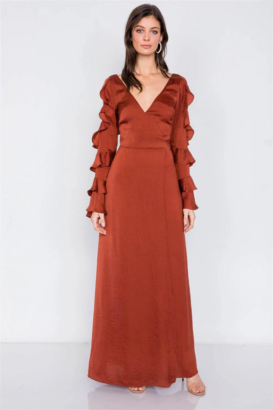 Satin Copper Cold Shoulder Frill Trim Wrap Maxi Dress /3-2-1 - Tasha Apparel Wholesale