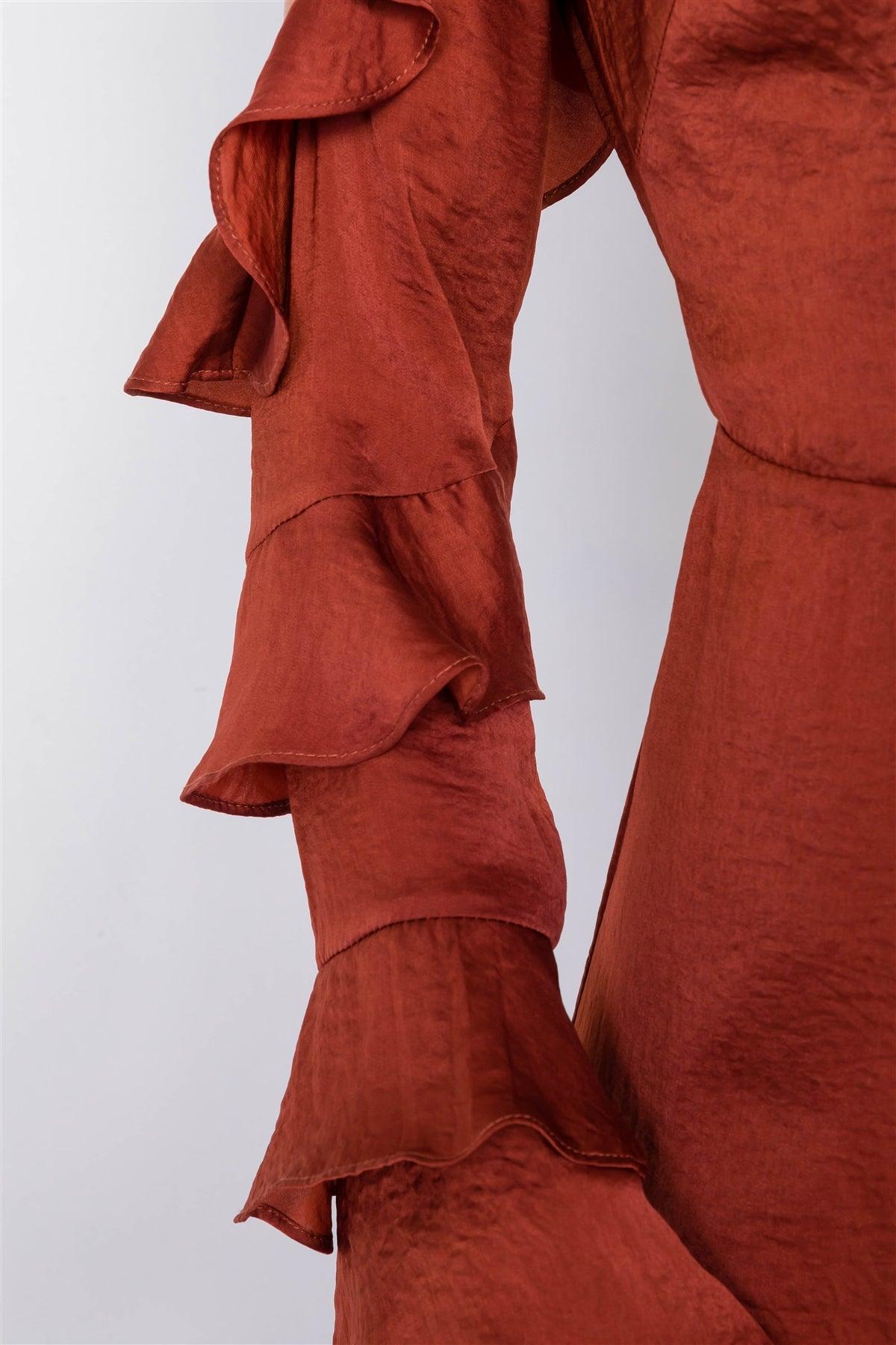 Satin Copper Cold Shoulder Frill Trim Wrap Maxi Dress /3-2-1