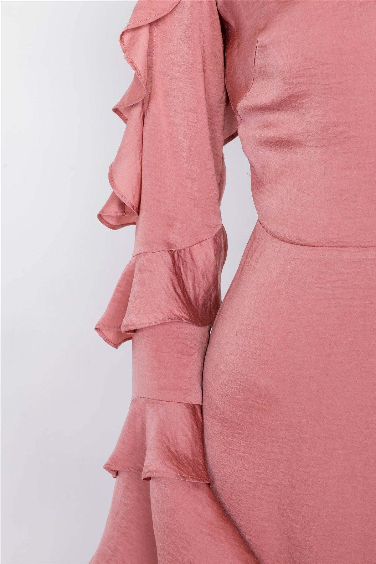 Satin Dusty Rose Cold Shoulder Frill Trim Wrap Maxi Dress /3-2-1