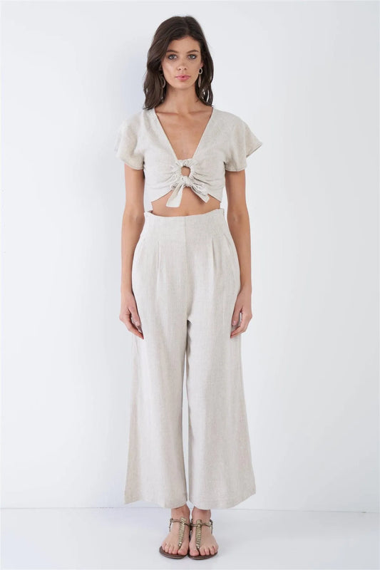 Oatmeal Beige Open Back Crop Top & Wide Leg Ankle High Waist Pant Set /3-2-1 - Tasha Apparel Wholesale