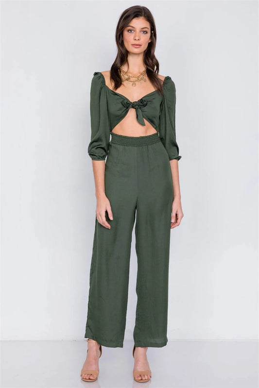 Satin Forest Green Center Cut Out Front Wrap Wide Leg Jumpsuit /3-2-1 - Tasha Apparel Wholesale
