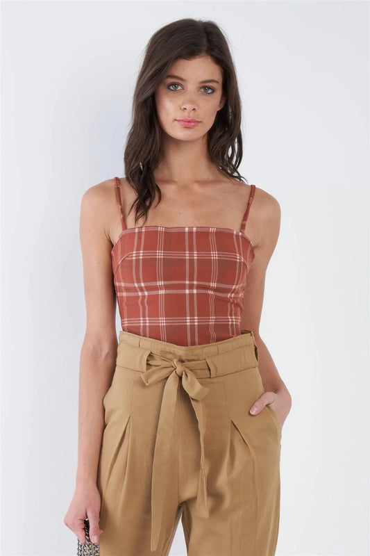 Rust Orange Nylon Checkered Stripe Thong Snap Bodysuit /2-2-1 - Tasha Apparel Wholesale