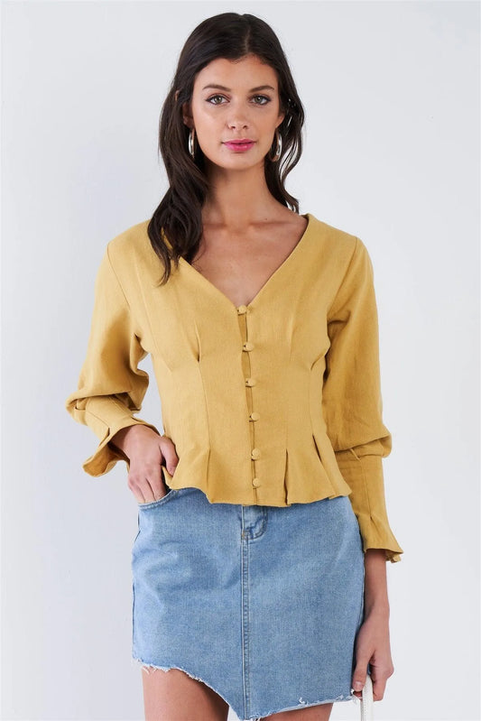 Dijon Mustard Yellow Vintage Flounce Pleated Front Button Top /3-2-1 - Tasha Apparel Wholesale