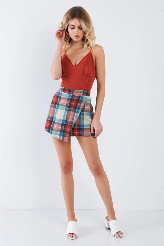 Rust Plaid Asymmetric High Waist Wrap Mini Skort - Tasha Apparel Wholesale