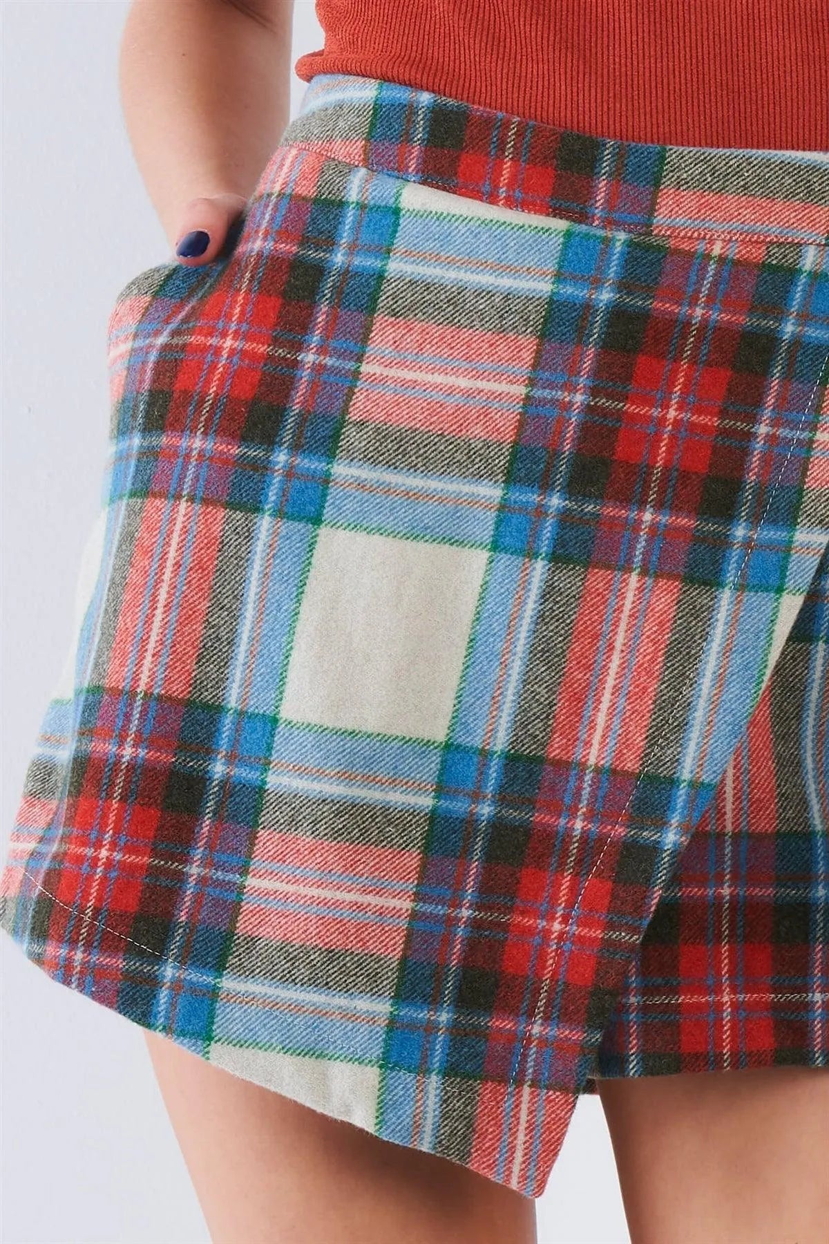 Rust Plaid Asymmetric High Waist Wrap Mini Skort - Tasha Apparel Wholesale