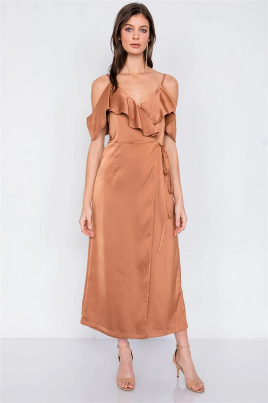 Silk Copper Off-The-Shoulder Mock Wrap Ankle Gaucho Jumpsuit /3-2-1 - Tasha Apparel Wholesale