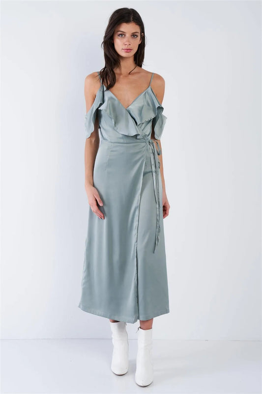 Satin Sage Green Off-The-Shoulder Mock Wrap Chic Jumpsuit /3-2-1 - Tasha Apparel Wholesale