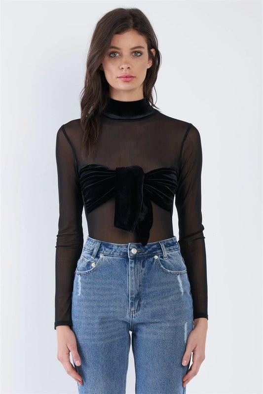 Black Sheer Velvet Color Block Snap Thong Bodysuit /3-2-1 - Tasha Apparel Wholesale