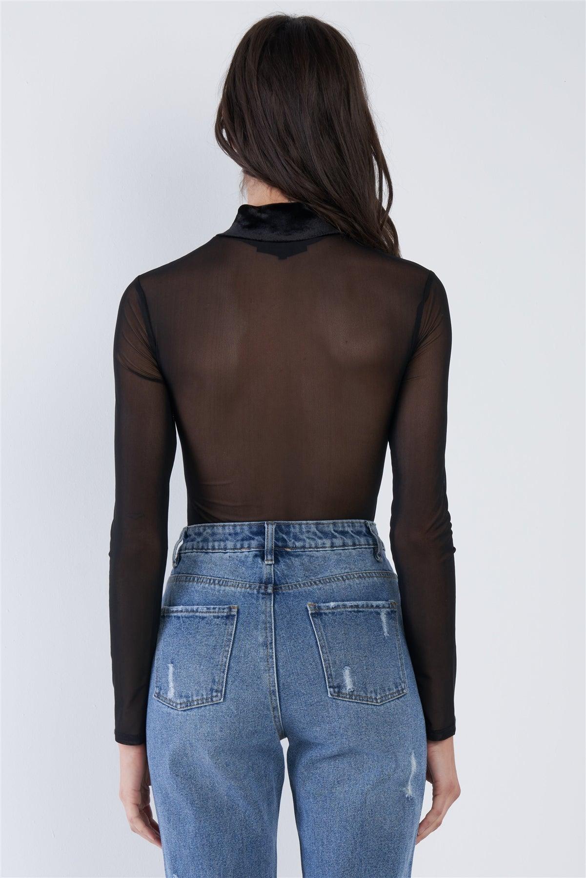 Black Sheer Velvet Color Block Snap Thong Bodysuit /3-2-1