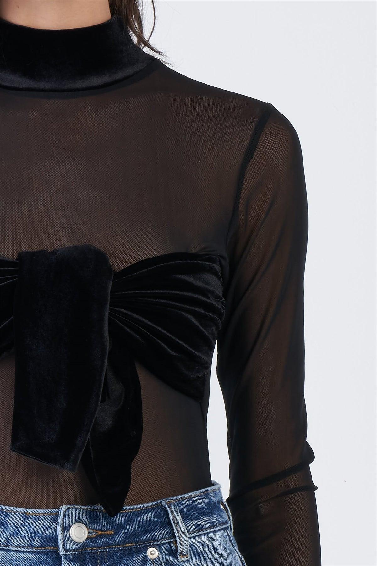 Black Sheer Velvet Color Block Snap Thong Bodysuit /3-2-1