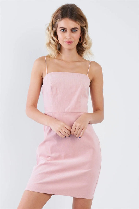 Dusty Rose Pink Ribbed Suede Square Neck Mini Dress /3-2-1 - Tasha Apparel Wholesale