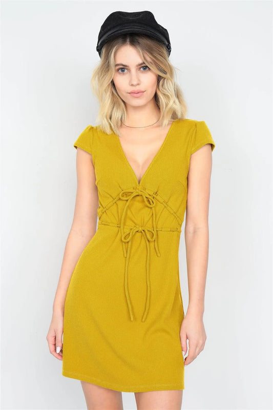 Mustard Ribbed V-Neck Cap Sleeve Mini Solid Casual Dress /3-2-1 - Tasha Apparel Wholesale