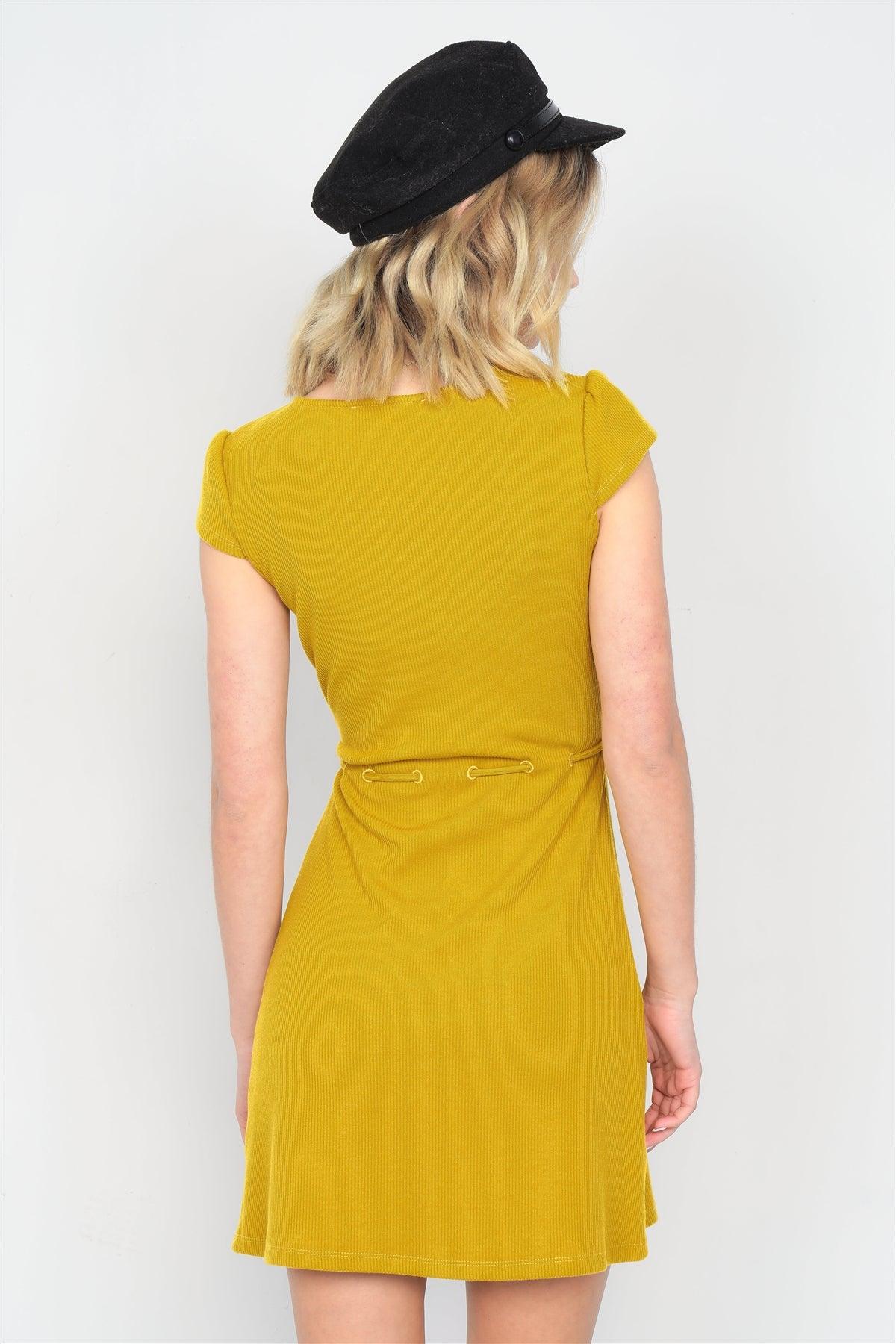 Mustard Ribbed V-Neck Cap Sleeve Mini Solid Casual Dress /3-2-1