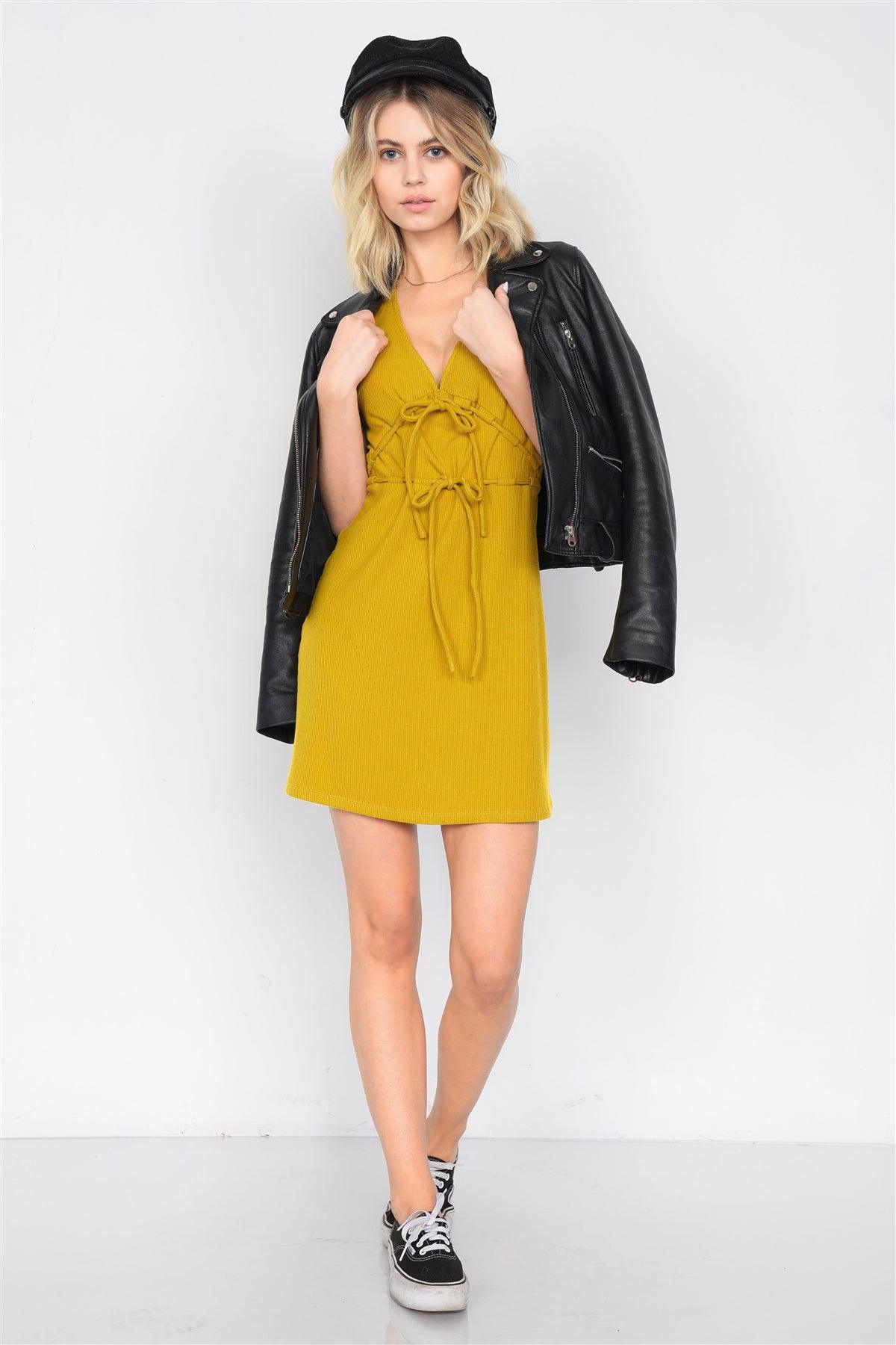 Mustard Ribbed V-Neck Cap Sleeve Mini Solid Casual Dress /3-2-1