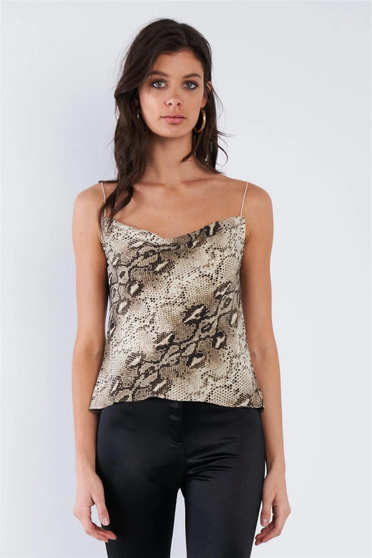 Moss Snake Print Cowl Neck Open Back Cami Top - Tasha Apparel Wholesale