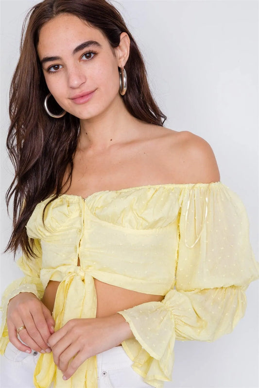 Butter Tiered Puff Embroidered Boho Knot Wrap Crop Top /1-1-1 - Tasha Apparel Wholesale