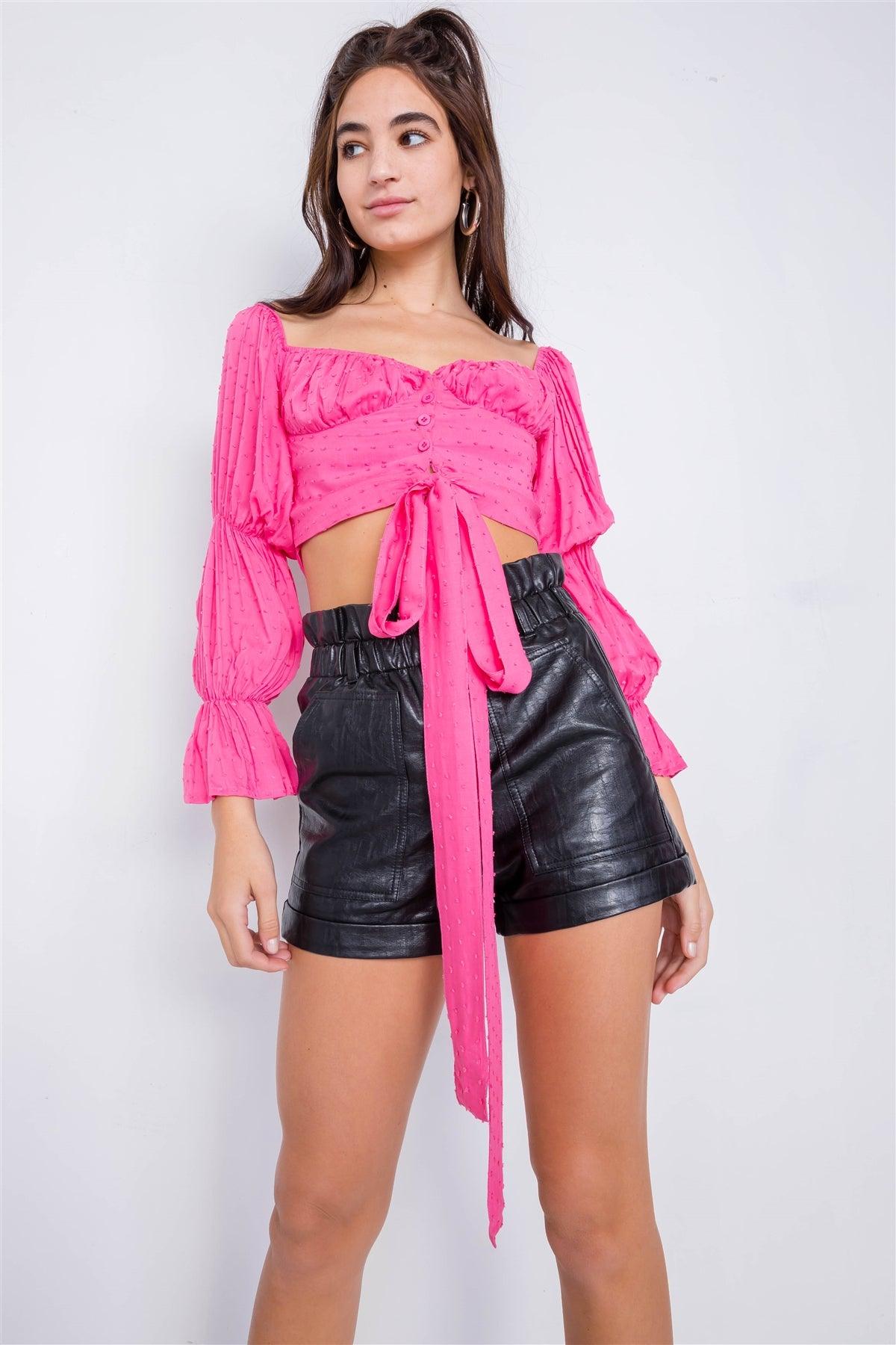 Pink Tiered Puff Embroidered Boho Knot Wrap Crop Top  /3-2-1