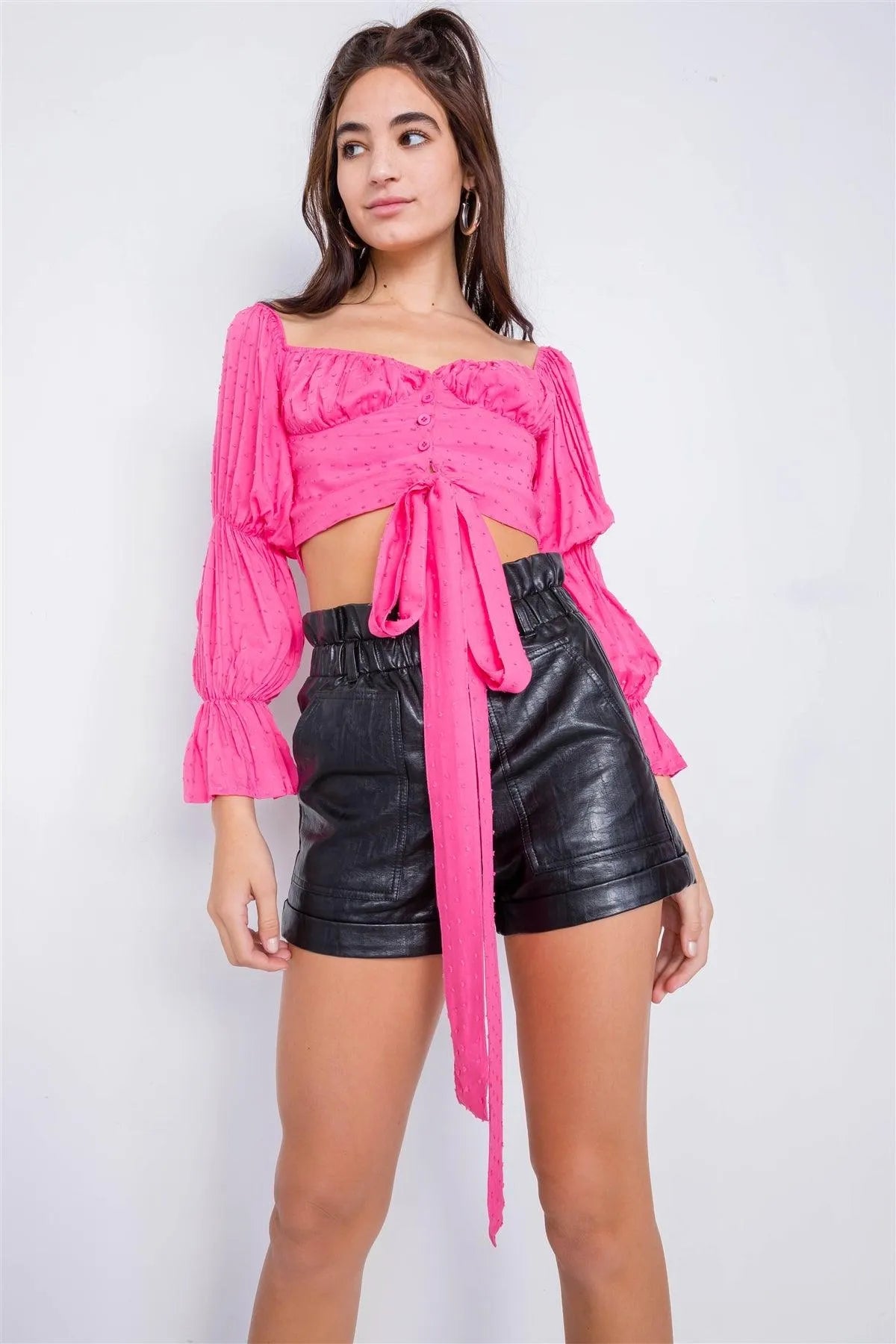Pink Tiered Puff Embroidered Boho Knot Wrap Crop Top /3-2-1 - Tasha Apparel Wholesale