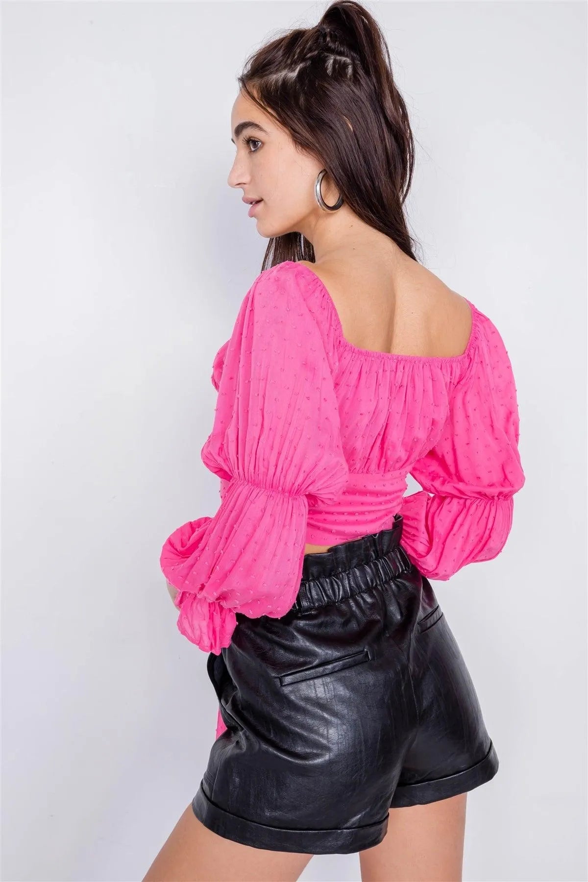 Pink Tiered Puff Embroidered Boho Knot Wrap Crop Top /3-2-1 - Tasha Apparel Wholesale