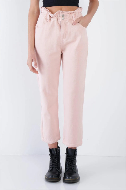 Blush Paperbag Waist Straight Leg Jeans /3-2-1 - Tasha Apparel Wholesale