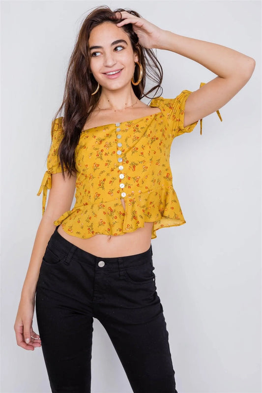 Marigold Mini Floral Boho Print Chic Crop Peplum Top /2-1-1 - Tasha Apparel Wholesale