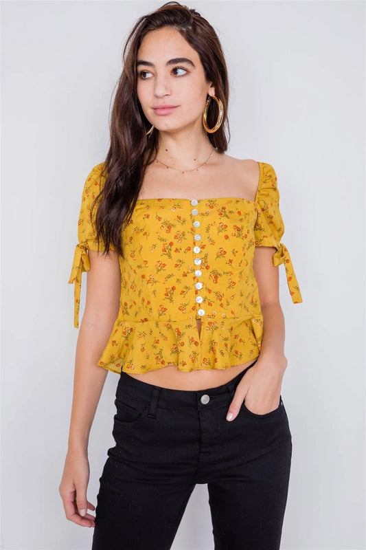Marigold Mini Floral Boho Print Chic Crop Peplum Top /3-2-1 - Tasha Apparel Wholesale