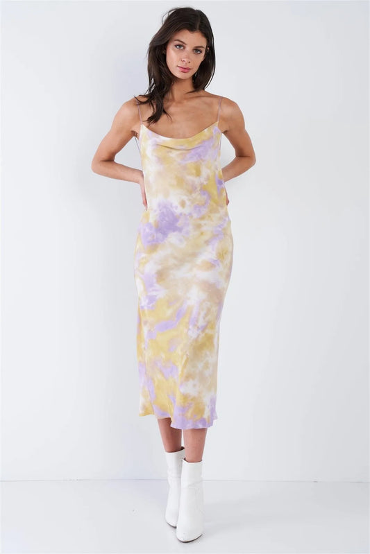 Lavender Purple & Yellow Tie Dye Cowl Neck Raw Hem Open Back Midi Dress /3-2-1 - Tasha Apparel Wholesale