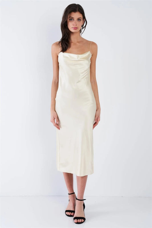 Champagne Yellow Silk Cowl Neck Raw Hem Midi Summer Dress /3-2-1 - Tasha Apparel Wholesale