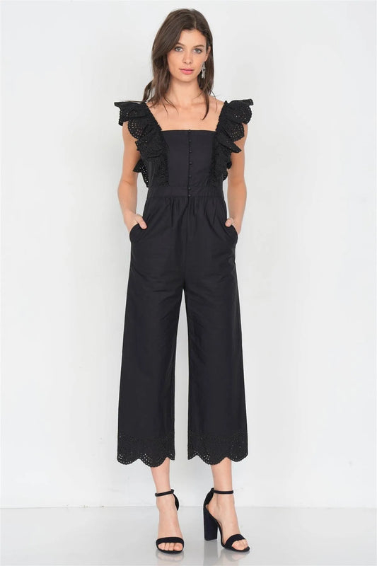 Black Cotton Eyelet Flounce Trim Wide Leg Jumpsuit /3-2-1 - Tasha Apparel Wholesale