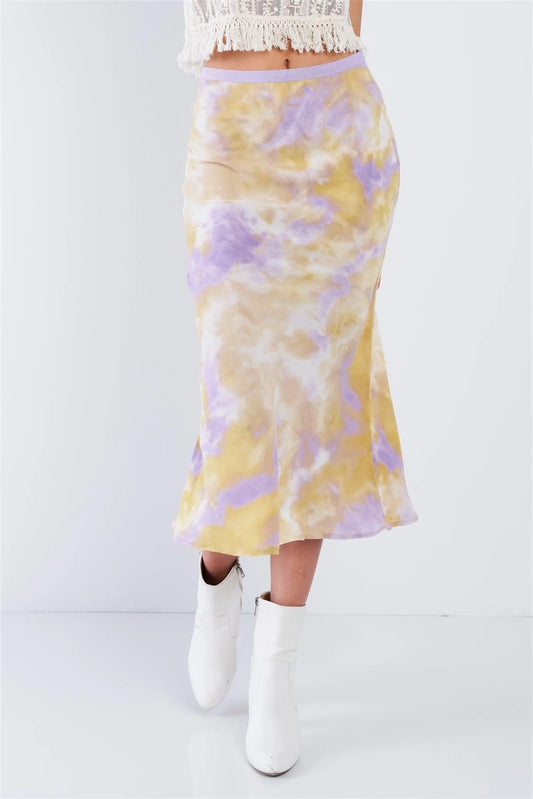 Lavender High Waisted Tie Dye Satin Midi Skirt - Tasha Apparel Wholesale