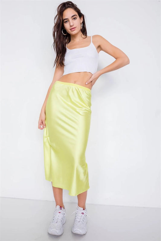 Retro Neon Lime Silk Round Hem Midi Skirt /2-1-1 - Tasha Apparel Wholesale