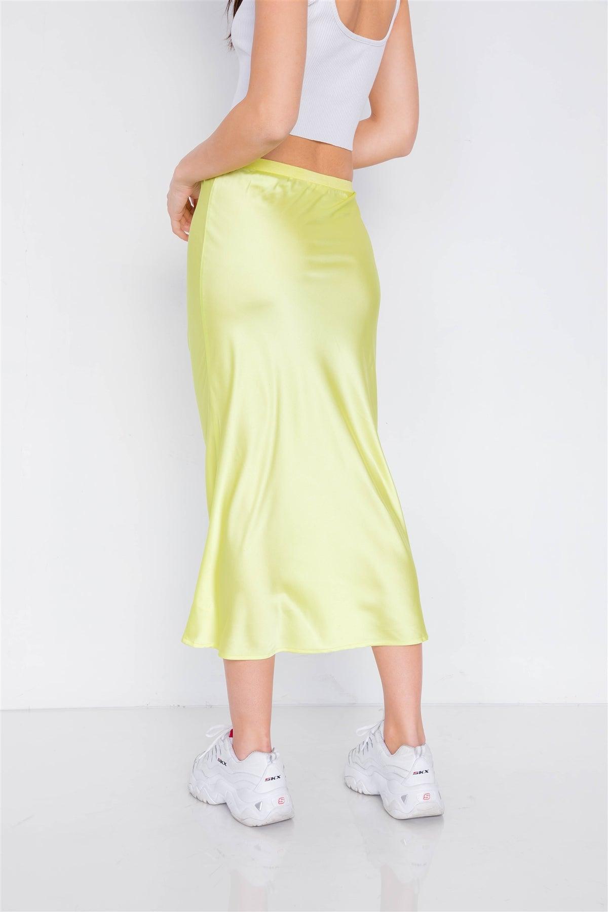 Retro Neon Lime Silk Round Hem Midi Skirt /3-2-1