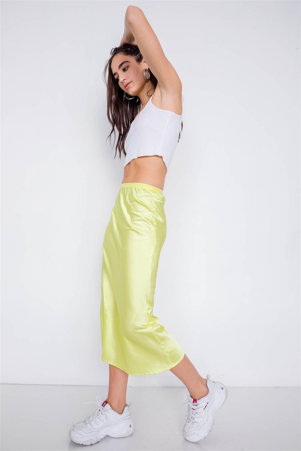 Retro Neon Lime Silk Round Hem Midi Skirt /3-2-1