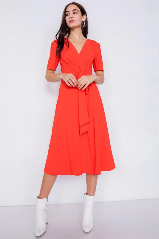 Blood Orange V-Neck Mock Wrap Modern Midi Dress /3-2-1 - Tasha Apparel Wholesale