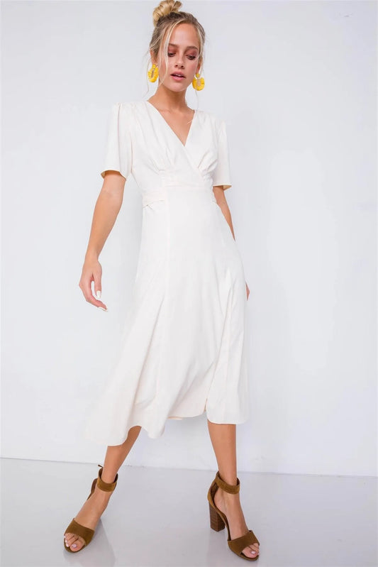 Yogurt V-Neck Mock Wrap Modern Midi Dress /3-2-1 - Tasha Apparel Wholesale