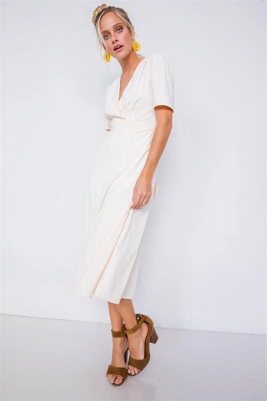 Yogurt V-Neck Mock Wrap Modern Midi Dress /4-2-1 - Tasha Apparel Wholesale